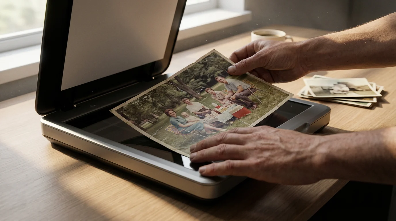 Low angle view of hands placing a vintage photograph onto a modern flatbed scanner.