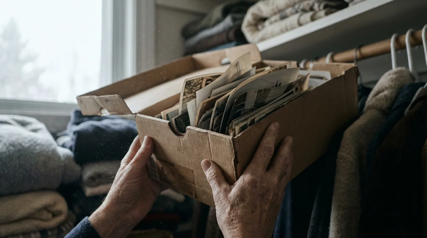 Low angle view of hands pulling an overflowing box of old photos from a closet.