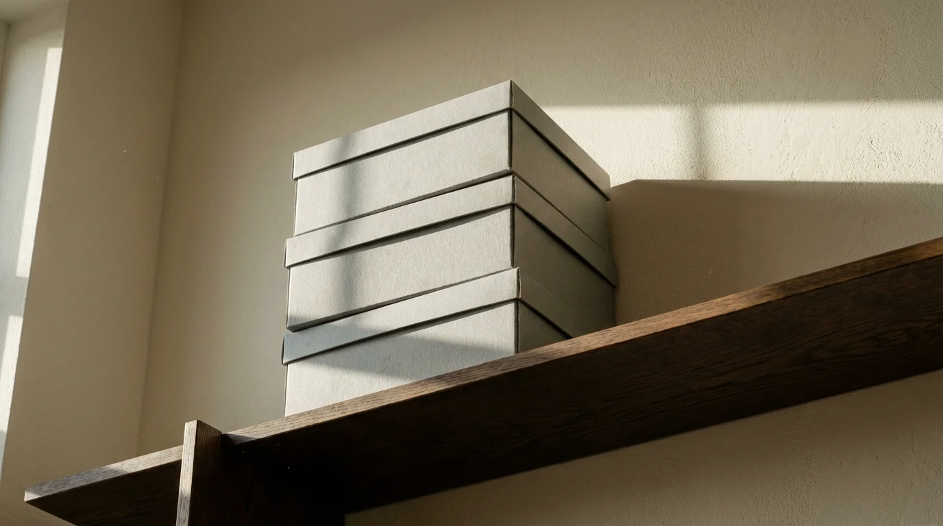 Low angle view of stacked archival photo boxes on a high wooden shelf.