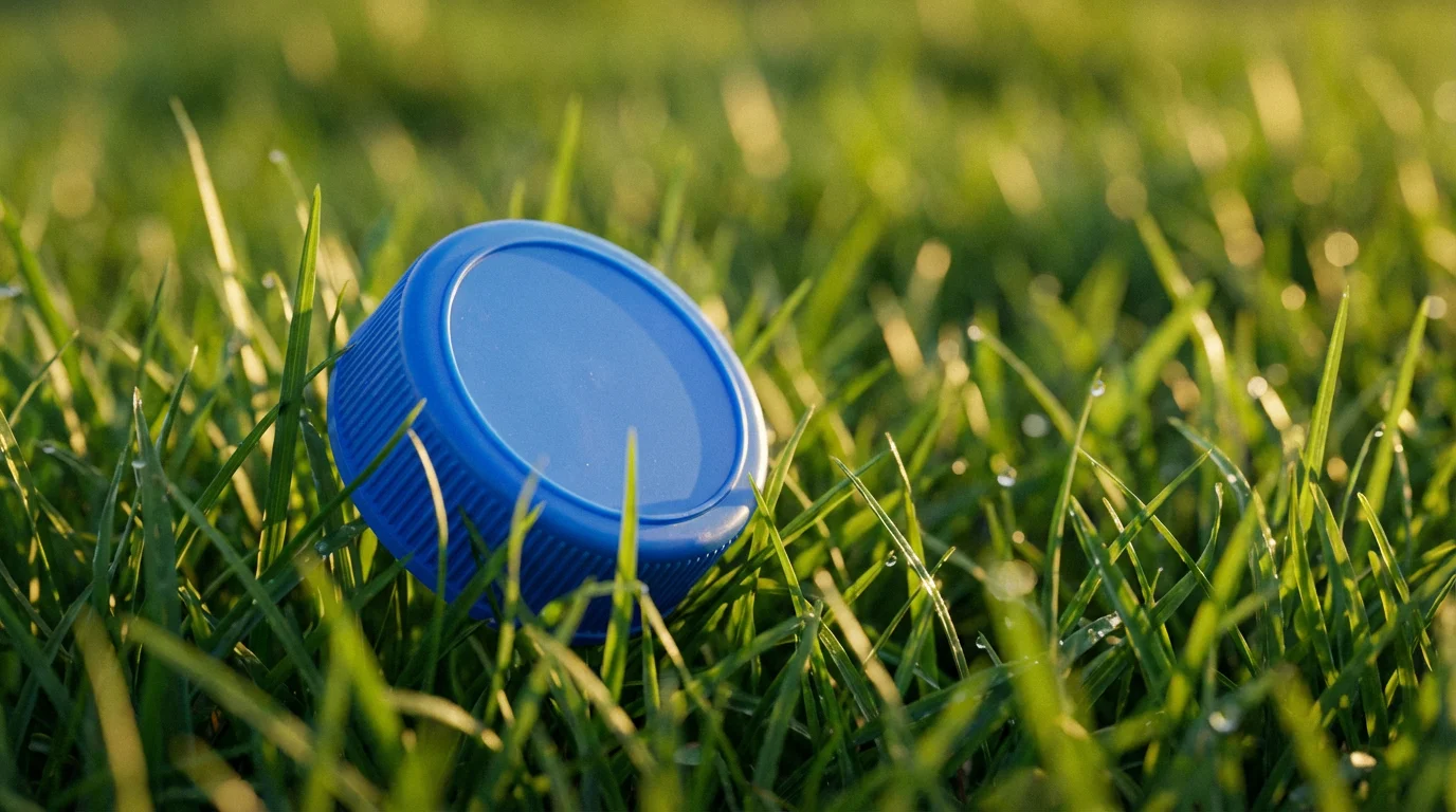 Macro photo of a blue plastic bottle cap on a green lawn at golden hour.