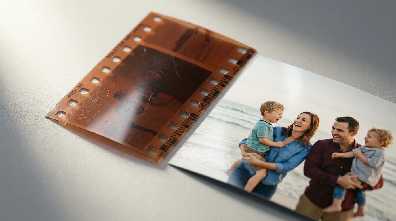 Macro photo of a film negative and its corresponding color photograph print side-by-side.