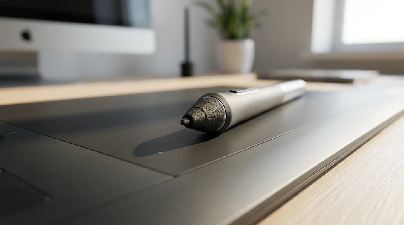 Macro photo of a stylus pen tip resting on a professional graphics tablet surface.
