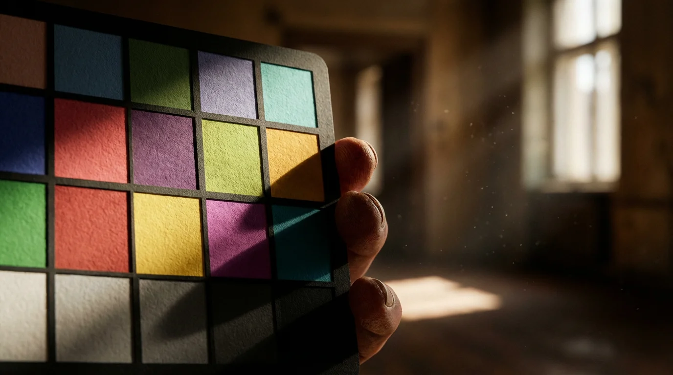 Macro photo of fingers holding a photography color checker card in moody afternoon sunlight.