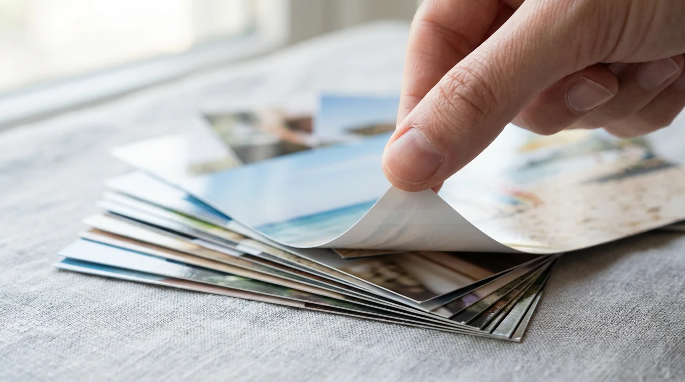 Macro photo of fingertips selecting a printed photograph from a fanned-out pile.