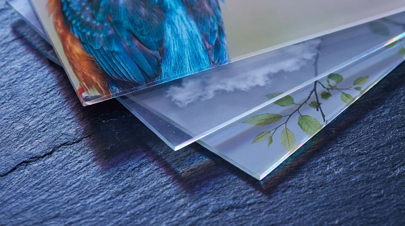 Macro photo of stacked transparent sheets with image fragments, representing Photoshop's layering capabilities.