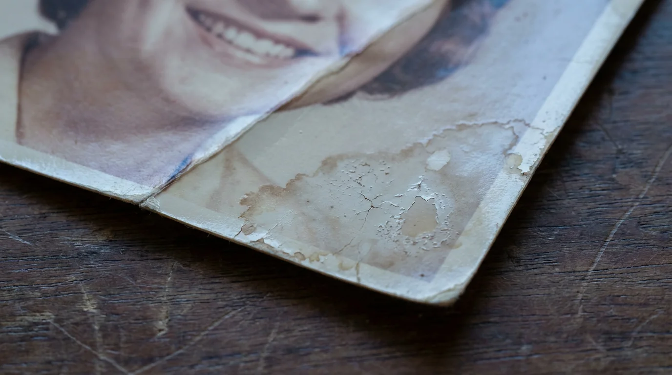 Macro photograph of a creased and water-damaged vintage color photo at blue hour.