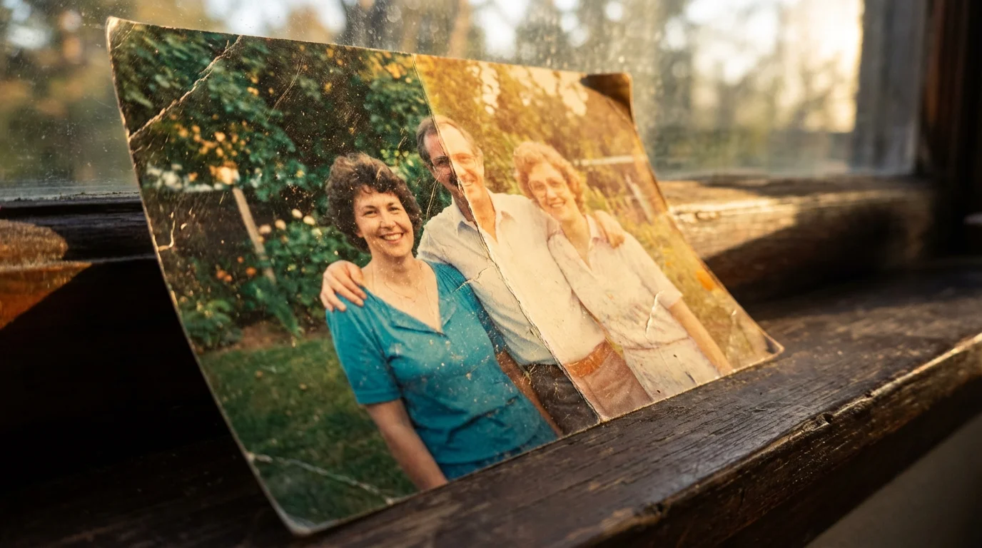 Macro photograph of a faded vintage color snapshot showing light damage during golden hour.