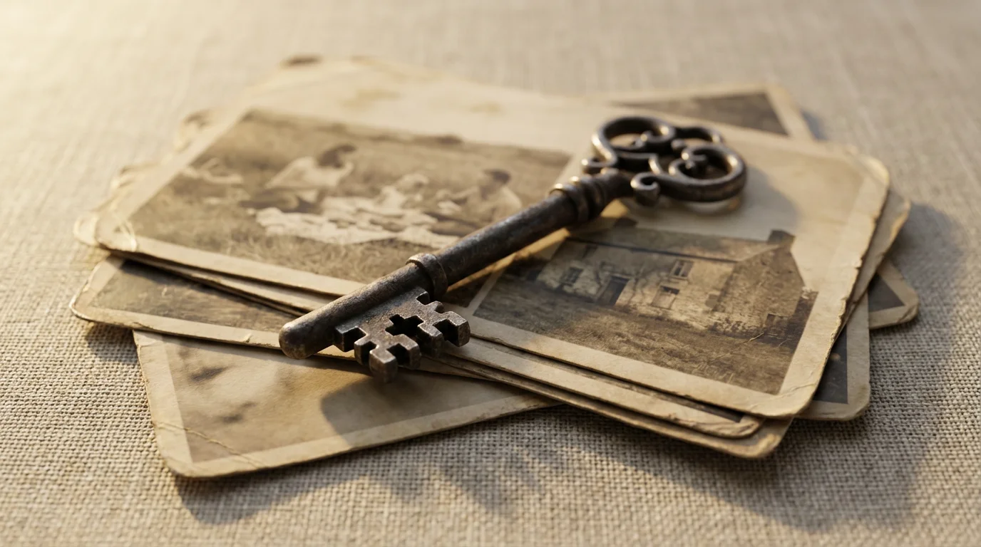Macro photograph of an old skeleton key resting on a small stack of vintage photos.
