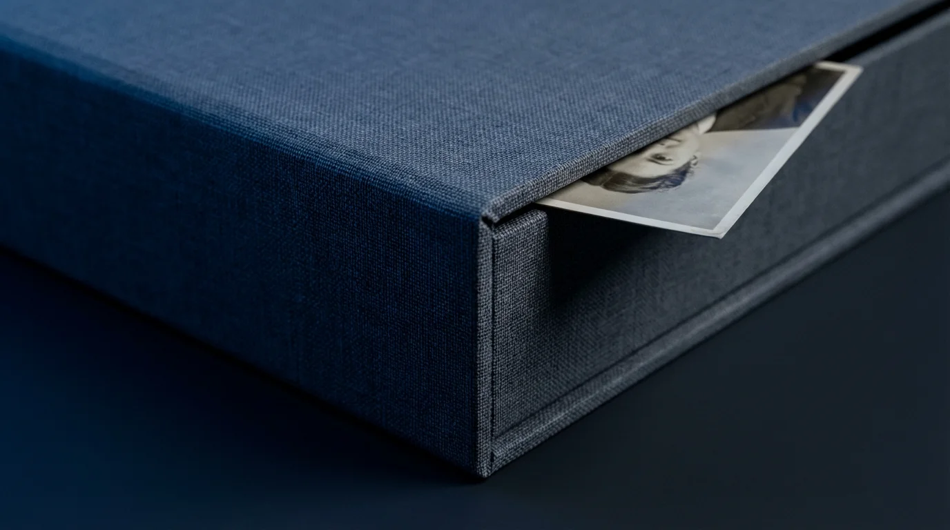 Macro photograph of the textured corner of a grey archival photo box at dusk.