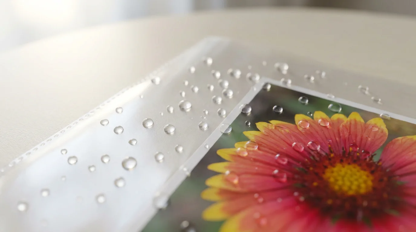 Macro photograph of water droplets beading on a clear archival sleeve protecting a photograph.