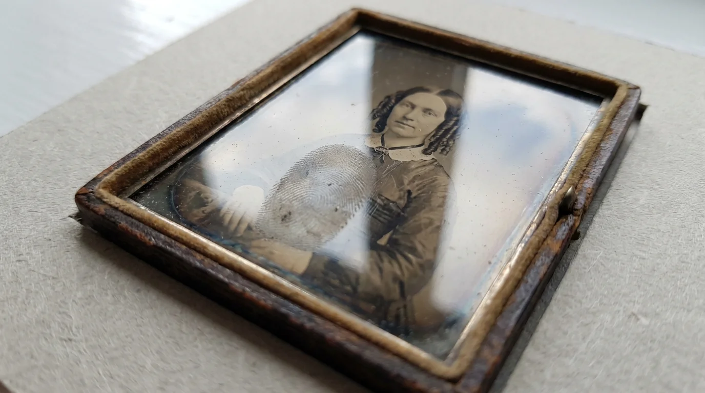 Macro photograph showing a fingerprint smudged on the surface of a fragile antique daguerreotype.