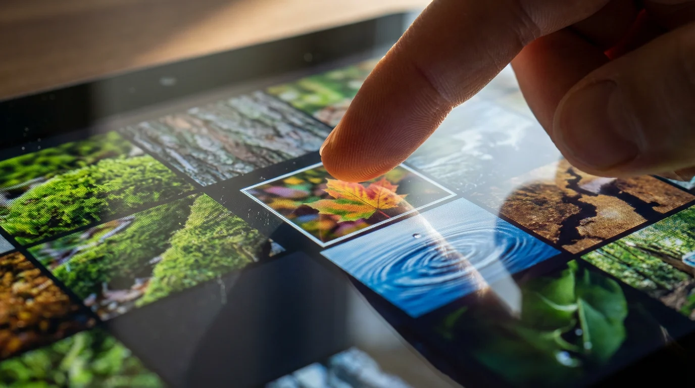 Macro shot of a finger arranging a digital photo collage on a touchscreen.