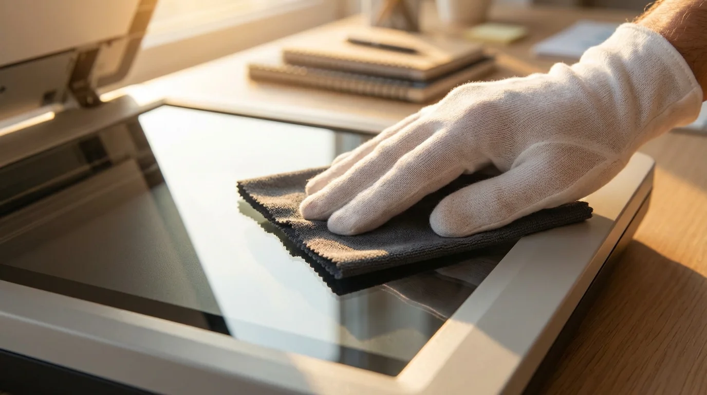 Macro shot of a gloved hand cleaning a flatbed scanner glass with a cloth.