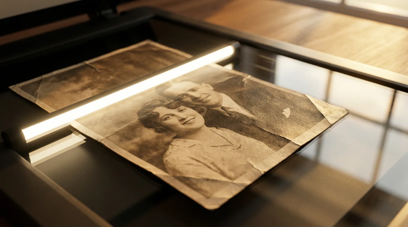 Macro shot of a vintage photograph being preserved through digital scanning in warm light.