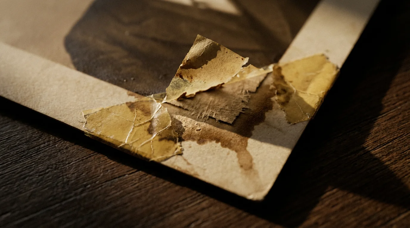 Macro shot of an antique photograph permanently damaged by yellowed adhesive tape.