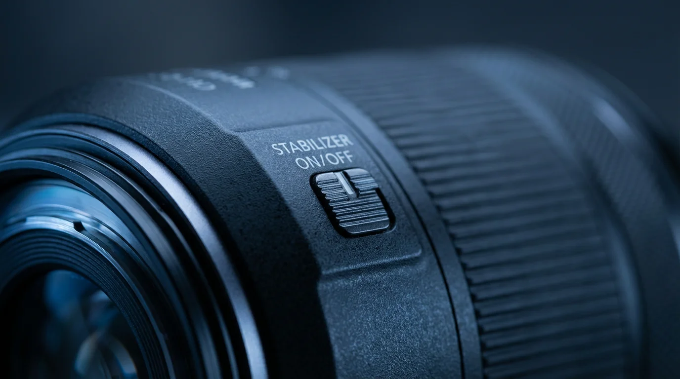 Macro shot of an image stabilization switch on a camera lens at dusk.