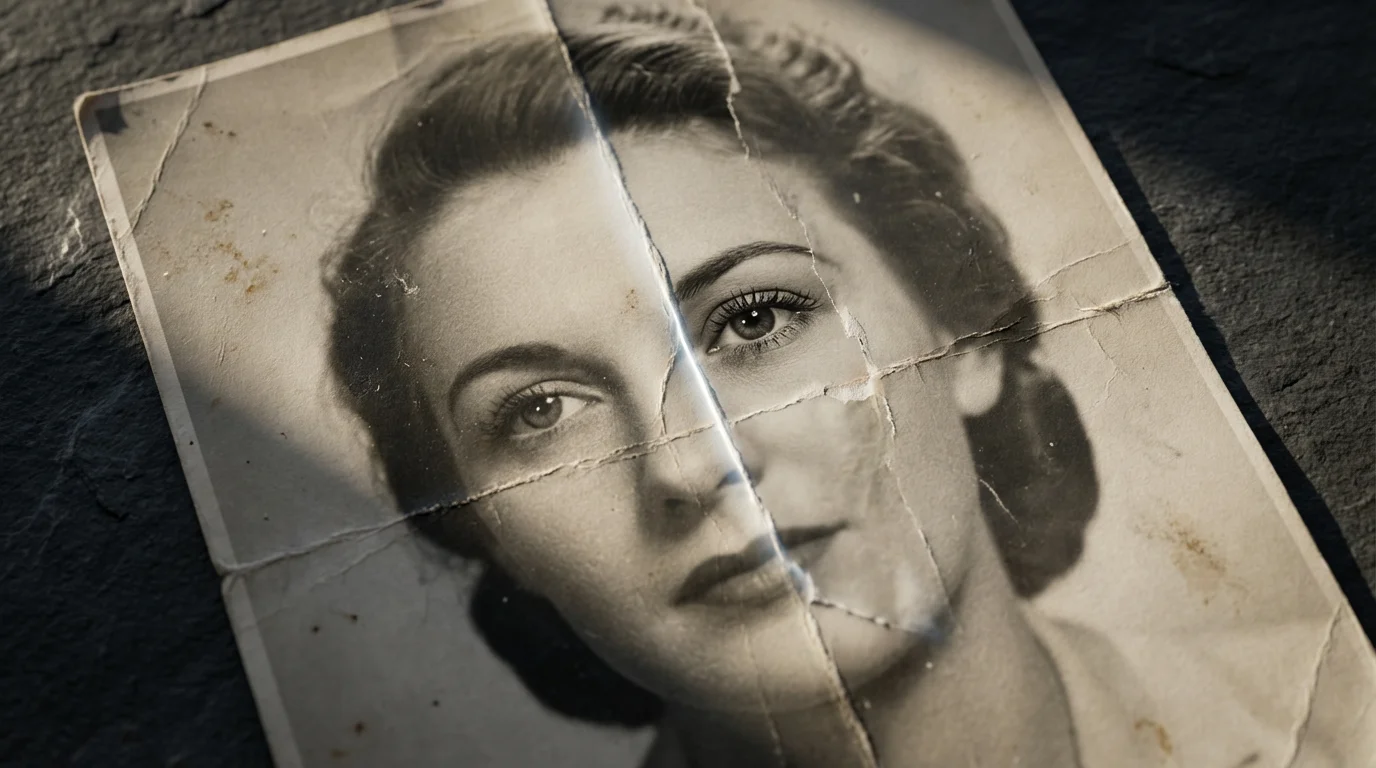 Macro shot of an old photograph's crease being digitally restored by AI technology.