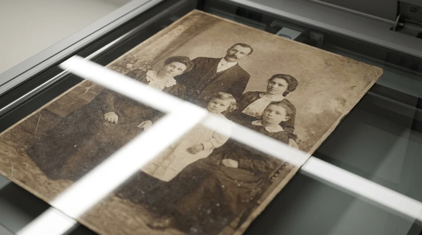 Macro shot of an old sepia family photo being digitized on a flatbed scanner.