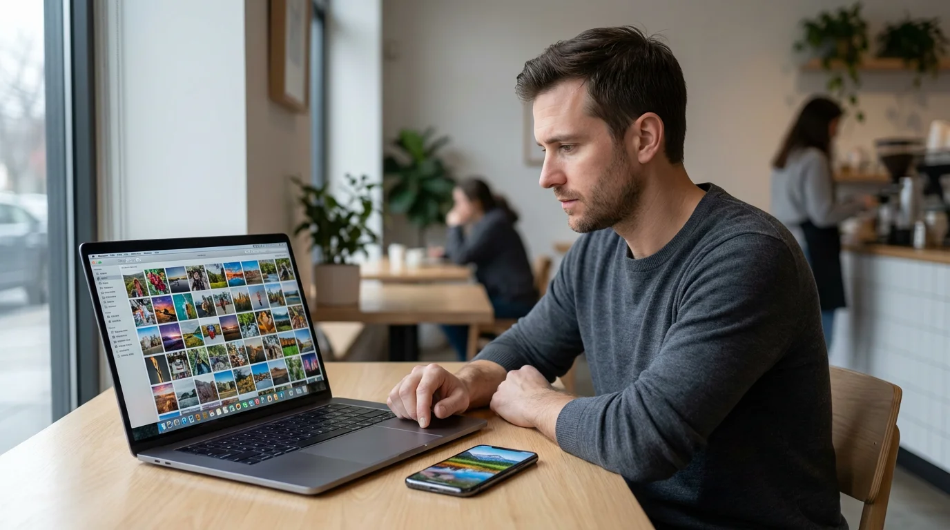 Man at a cafe table comparing a photo library on a laptop and smartphone.