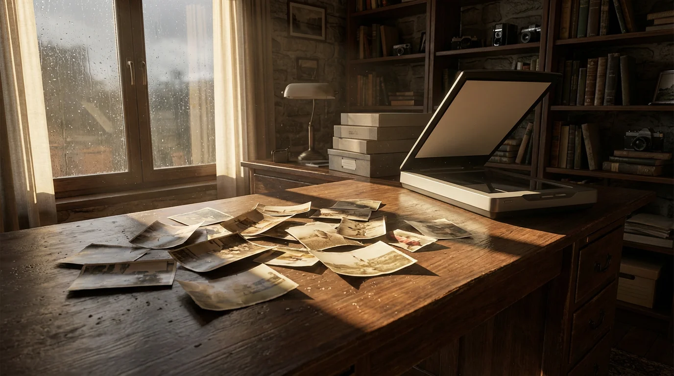 Old, dusty, and scratched photographs scattered on a desk in moody afternoon light.