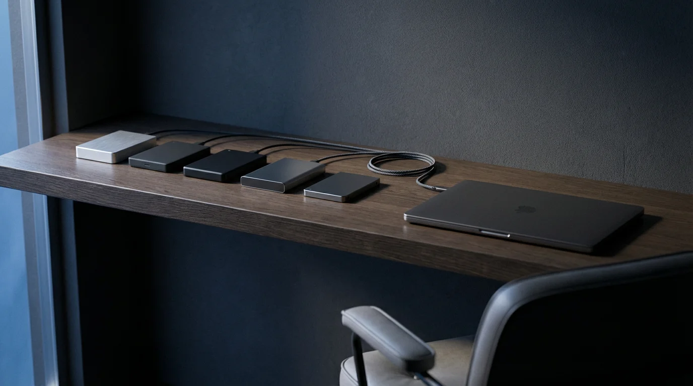 Organized external hard drives and a laptop on a shelf in a modern office.