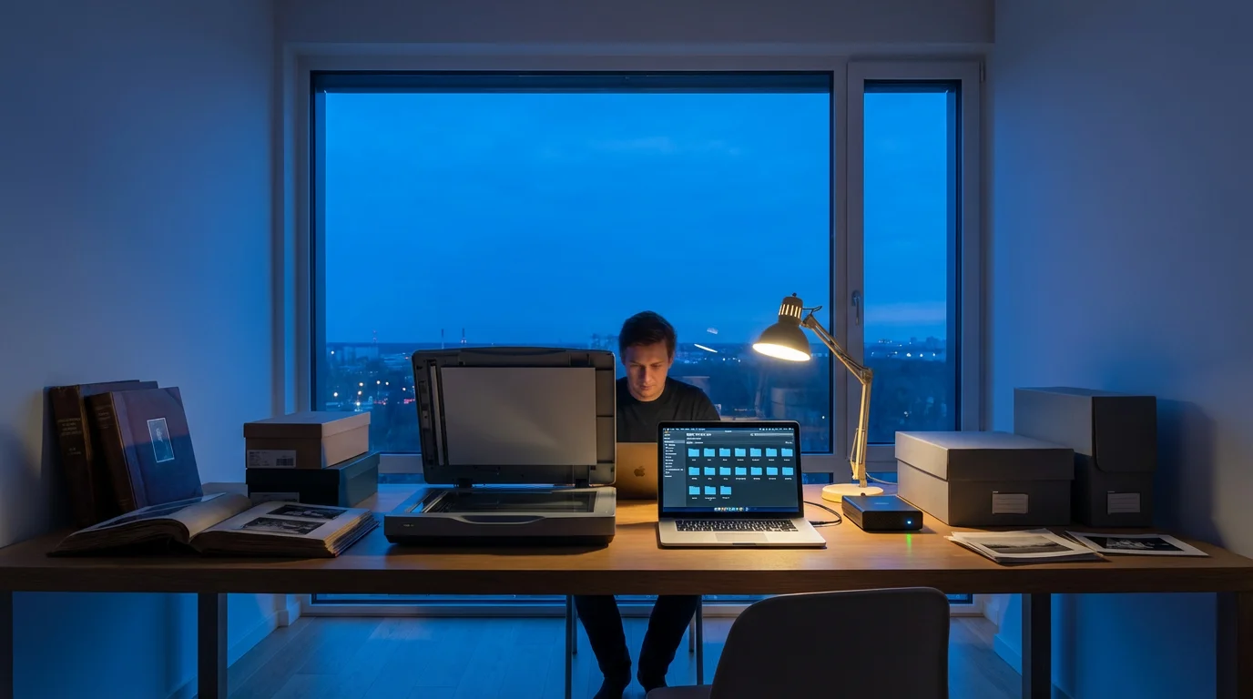 Organized photo scanning workflow on a desk in a modern office at dusk.