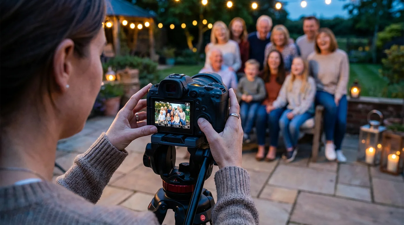 Over-the-shoulder photo of a person adjusting camera settings to photograph a family at dusk.
