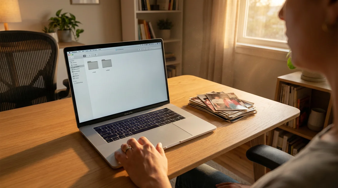 Over-the-shoulder shot of a person organizing vintage physical photos and digital files on a laptop.