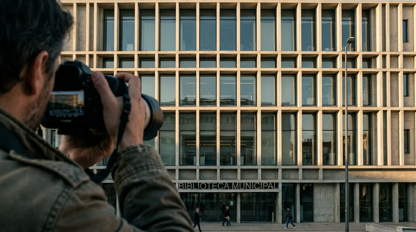 Over-the-shoulder shot of a photographer capturing a modern building's symmetrical facade with shadows.
