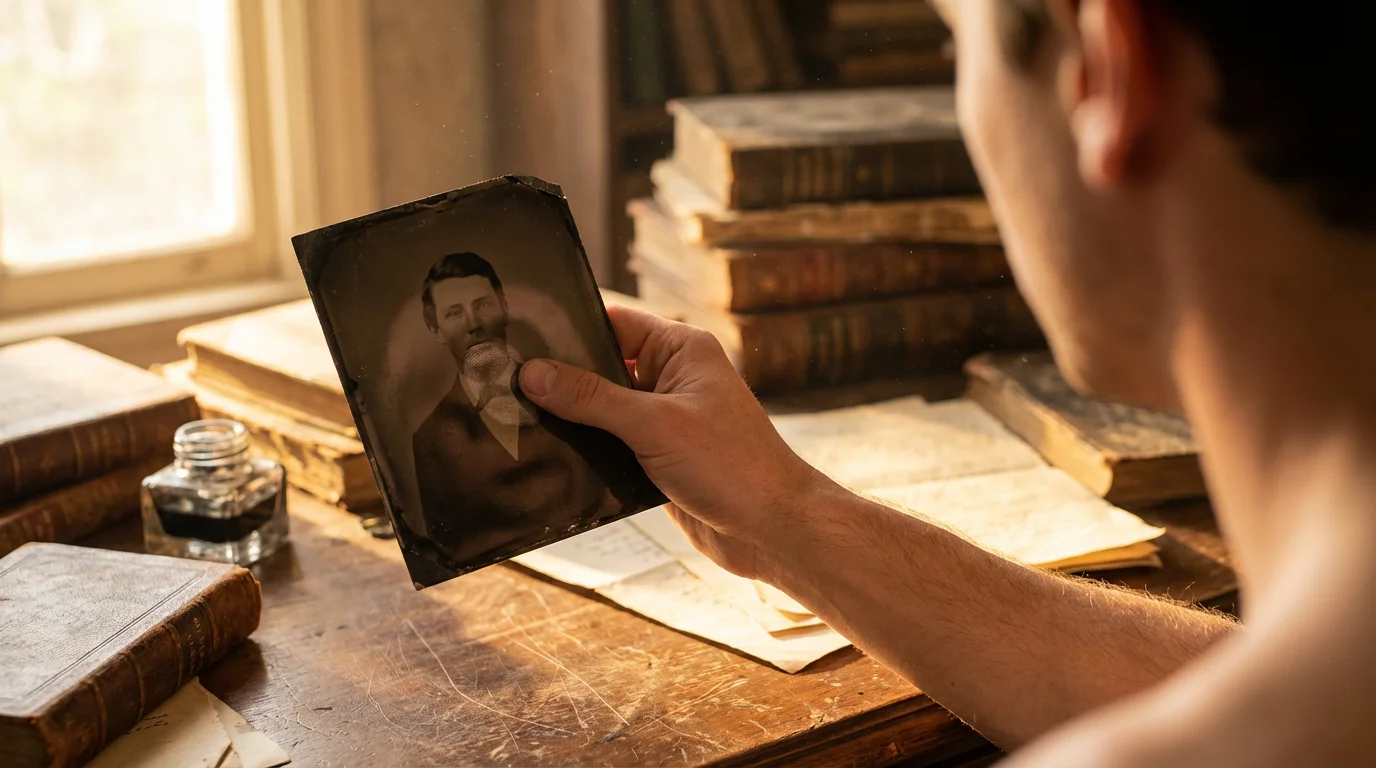 Over-the-shoulder view of a bare hand incorrectly holding an antique tintype, leaving a fingerprint.