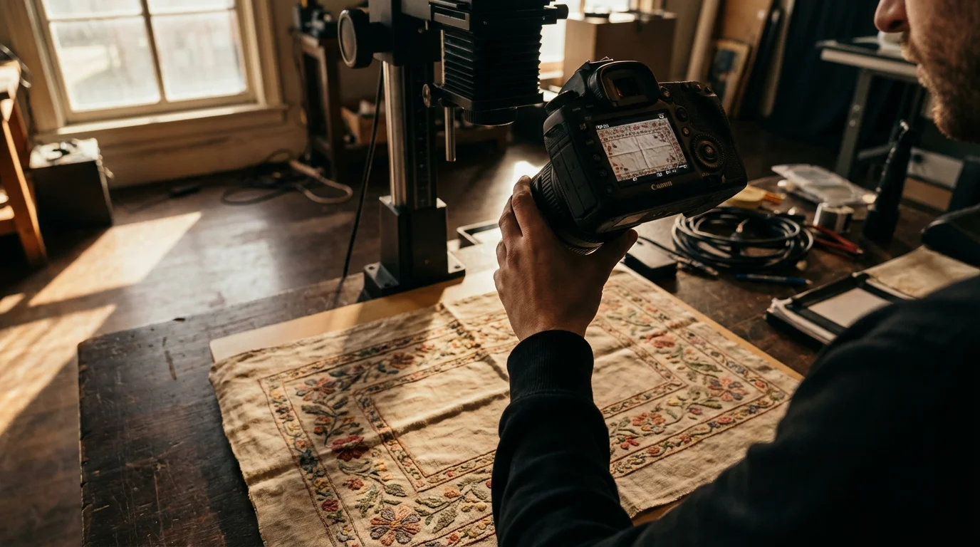 Over-the-shoulder view of a camera on a copy stand digitizing a large vintage textile.