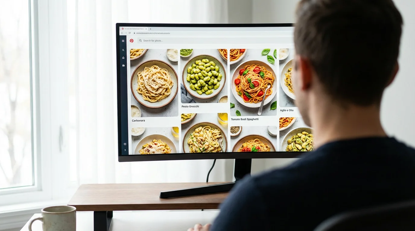 Over-the-shoulder view of a computer screen showing AI-sorted photos of pasta dishes.
