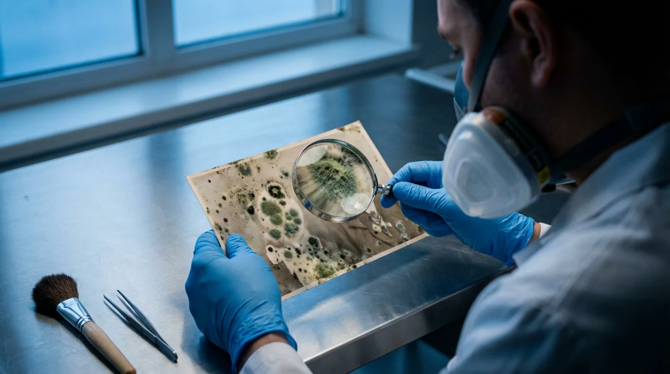Over-the-shoulder view of a conservator in a mask inspecting mold on a vintage photograph.
