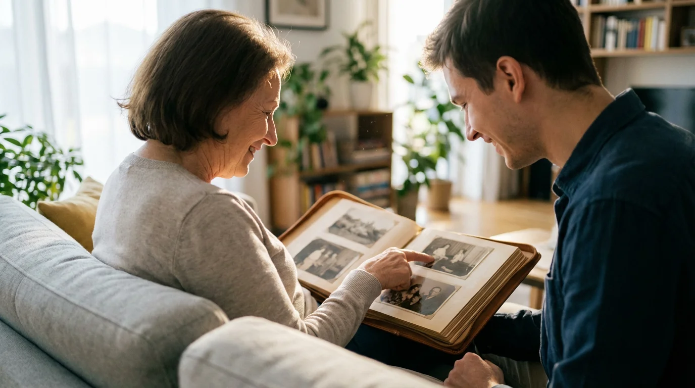 Over-the-shoulder view of a grandparent and grandchild looking at a photo album together.