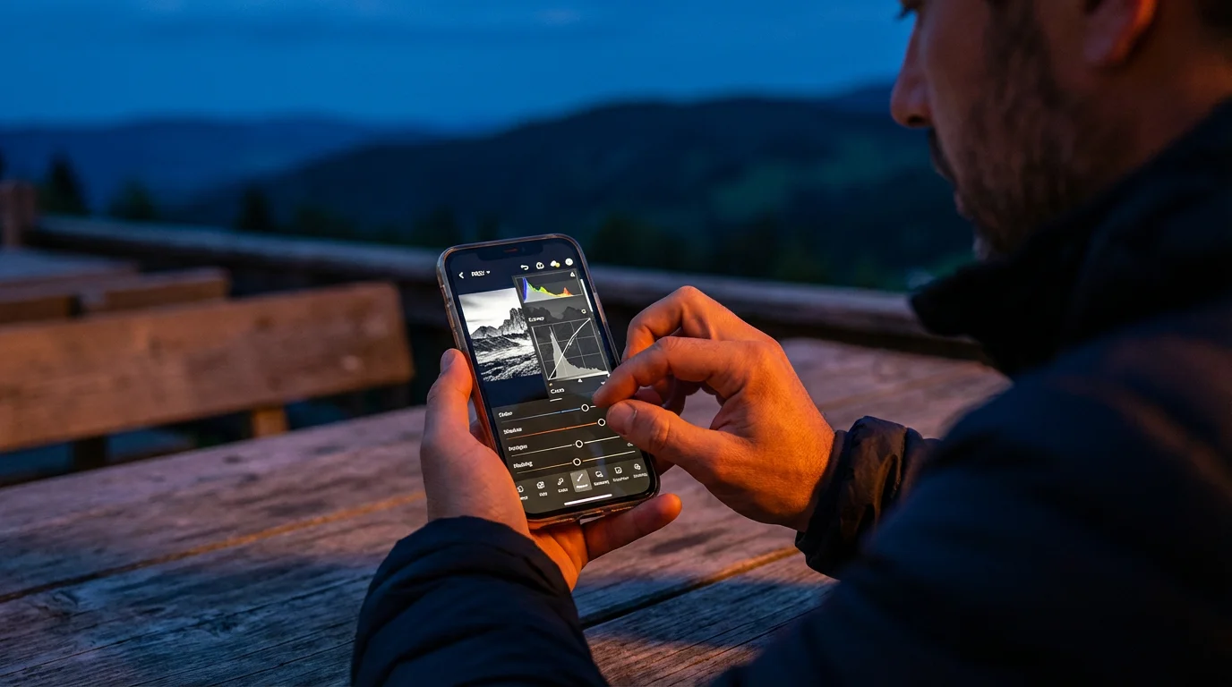 Over-the-shoulder view of a man editing a landscape photo on his smartphone at dusk.