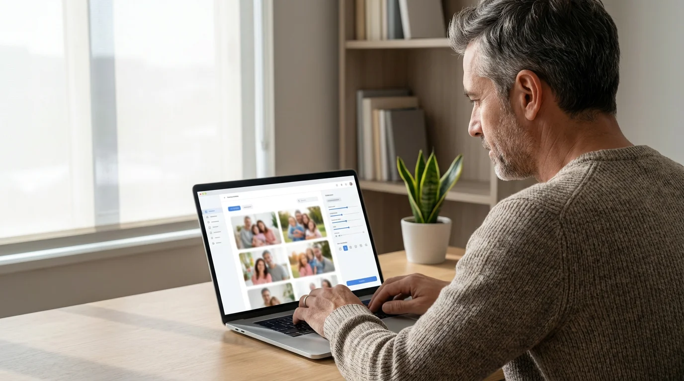 Over-the-shoulder view of a man evaluating photo-sharing website features on his laptop.