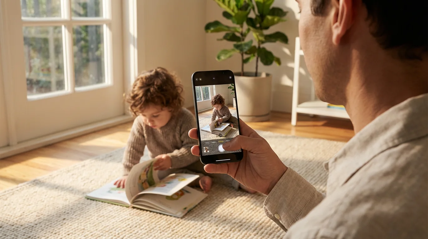 Over-the-shoulder view of a parent taking a smartphone photo of a child reading.