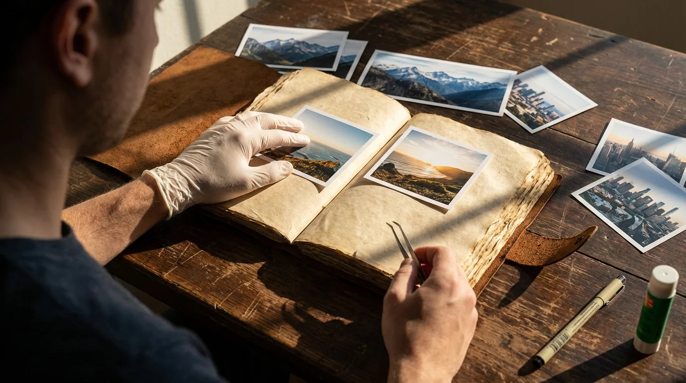 Over-the-shoulder view of a person arranging printed travel photos in an open journal.