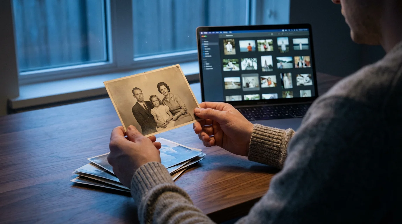 Over-the-shoulder view of a person at a desk organizing old physical photos and digital images.