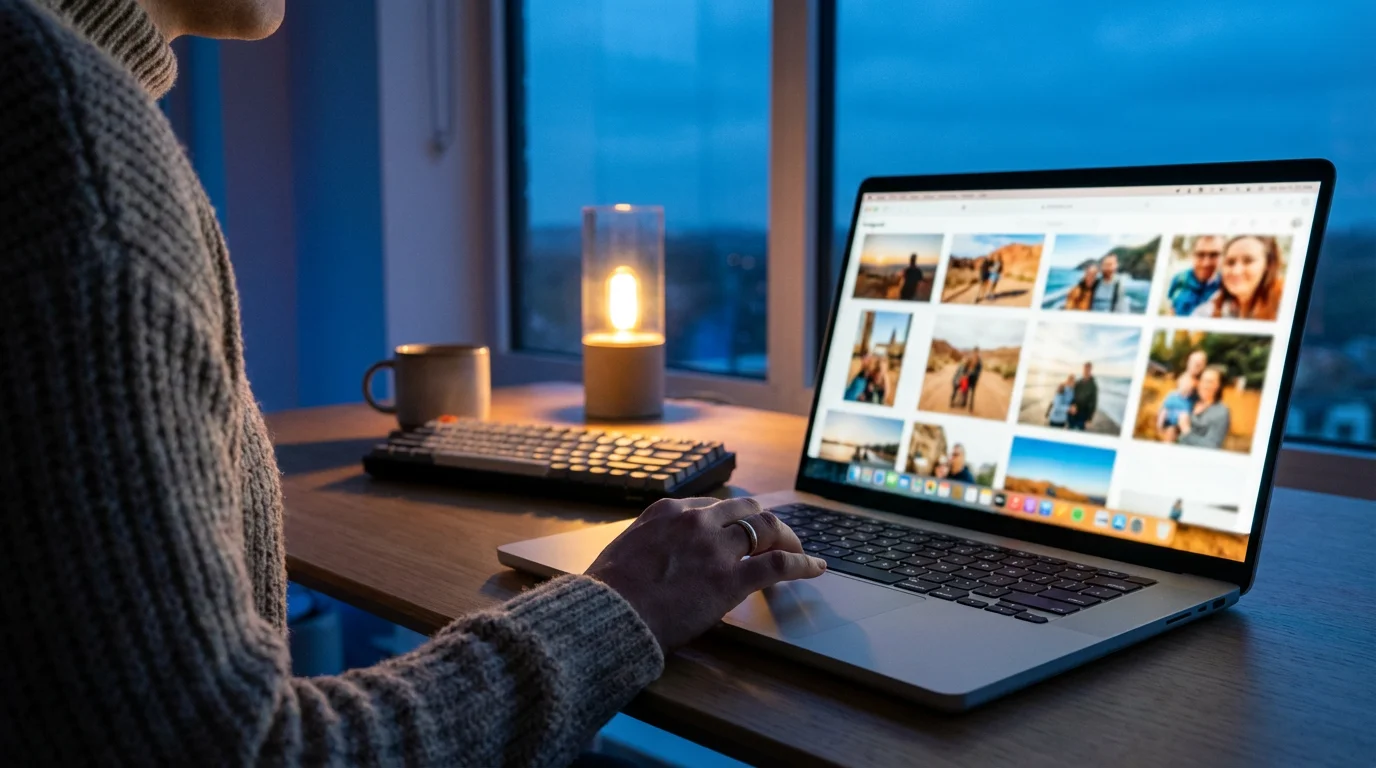 Over-the-shoulder view of a person at a desk organizing a digital photo library.