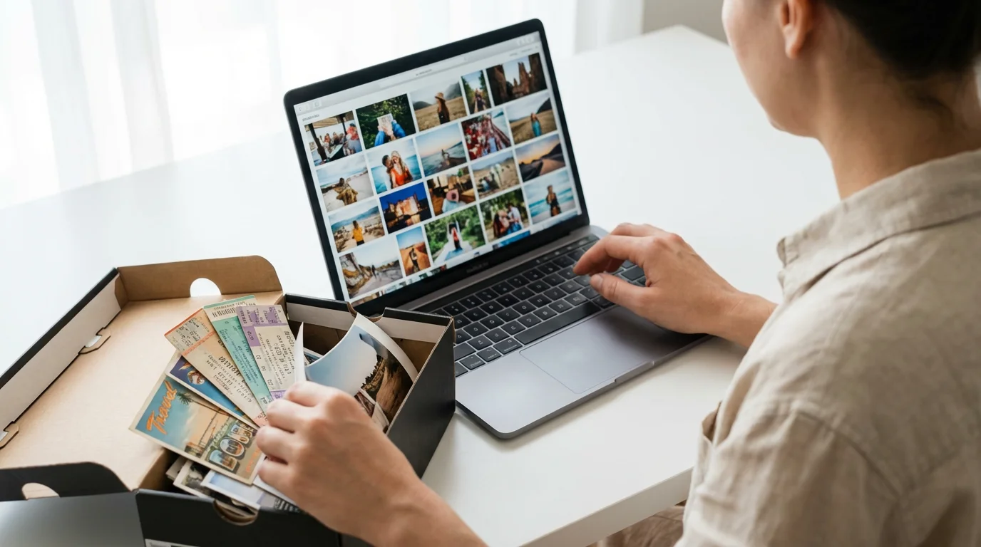 Over-the-shoulder view of a person at a white desk with a laptop and physical photos.