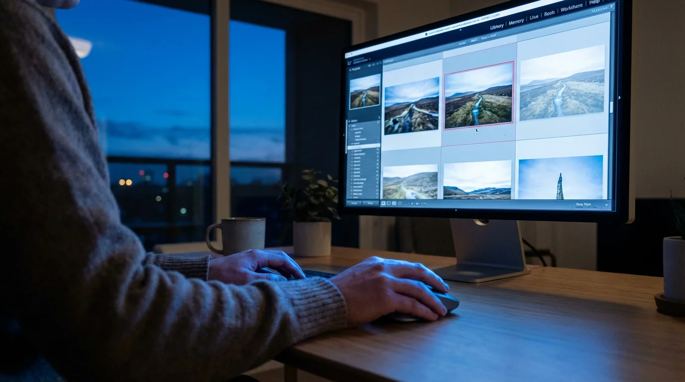 Over-the-shoulder view of a person at a computer organizing and deleting duplicate photos.
