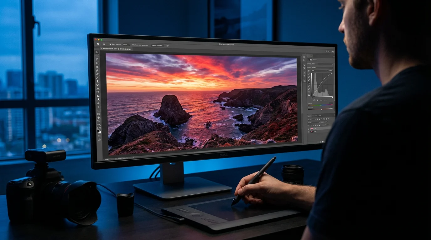 Over-the-shoulder view of a person at a desk editing a landscape photo at dusk.