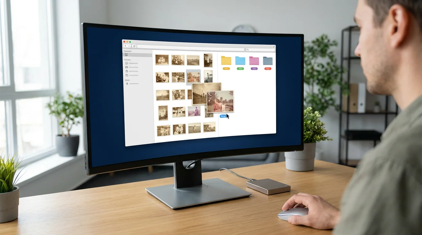 Over-the-shoulder view of a person at a desk organizing digital photos into folders.