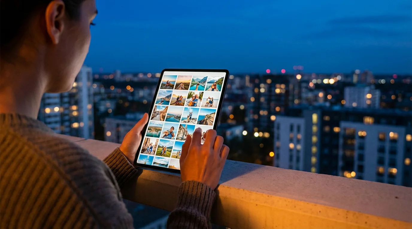 Over-the-shoulder view of a person browsing a digital photo gallery on a balcony at dusk.