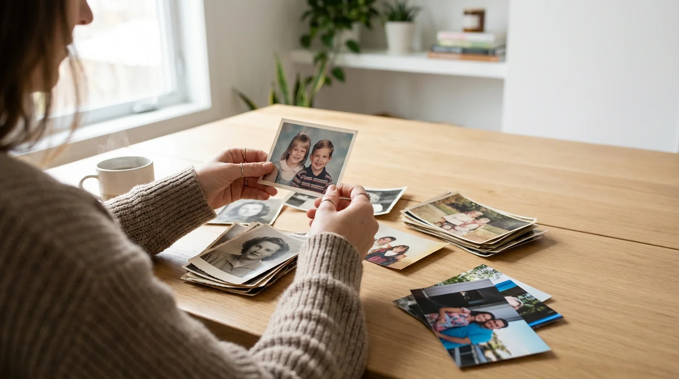 Over-the-shoulder view of a person curating a collection of family photographs on a table.
