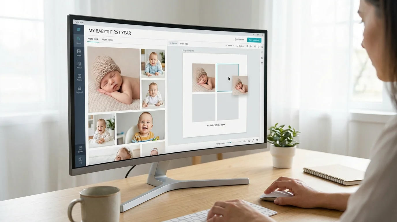 Over-the-shoulder view of a person designing a minimalist baby photo album on a computer.