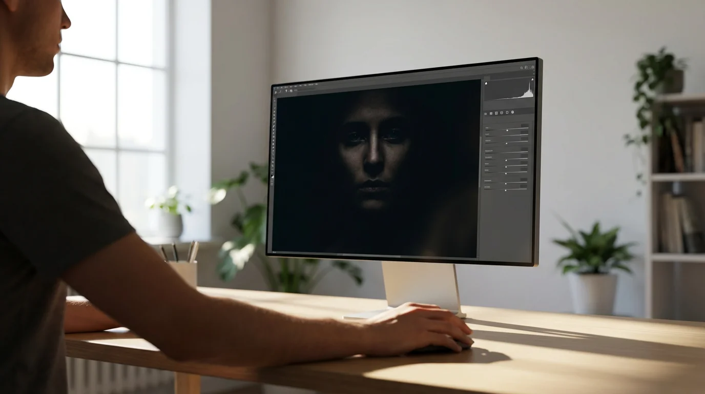 Over-the-shoulder view of a person editing a low light portrait on a computer monitor.