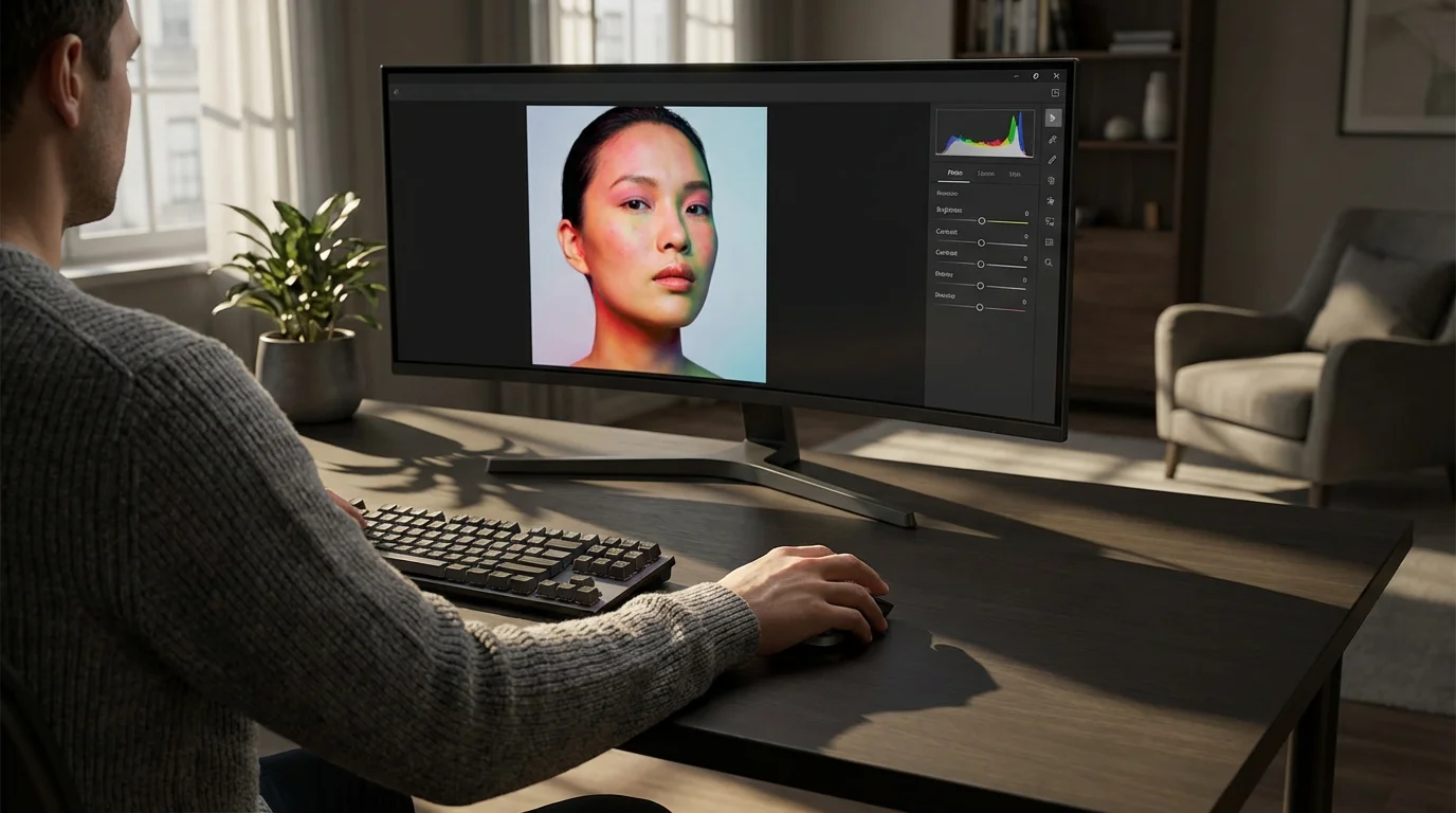 Over-the-shoulder view of a person editing a vibrant portrait on a computer monitor.