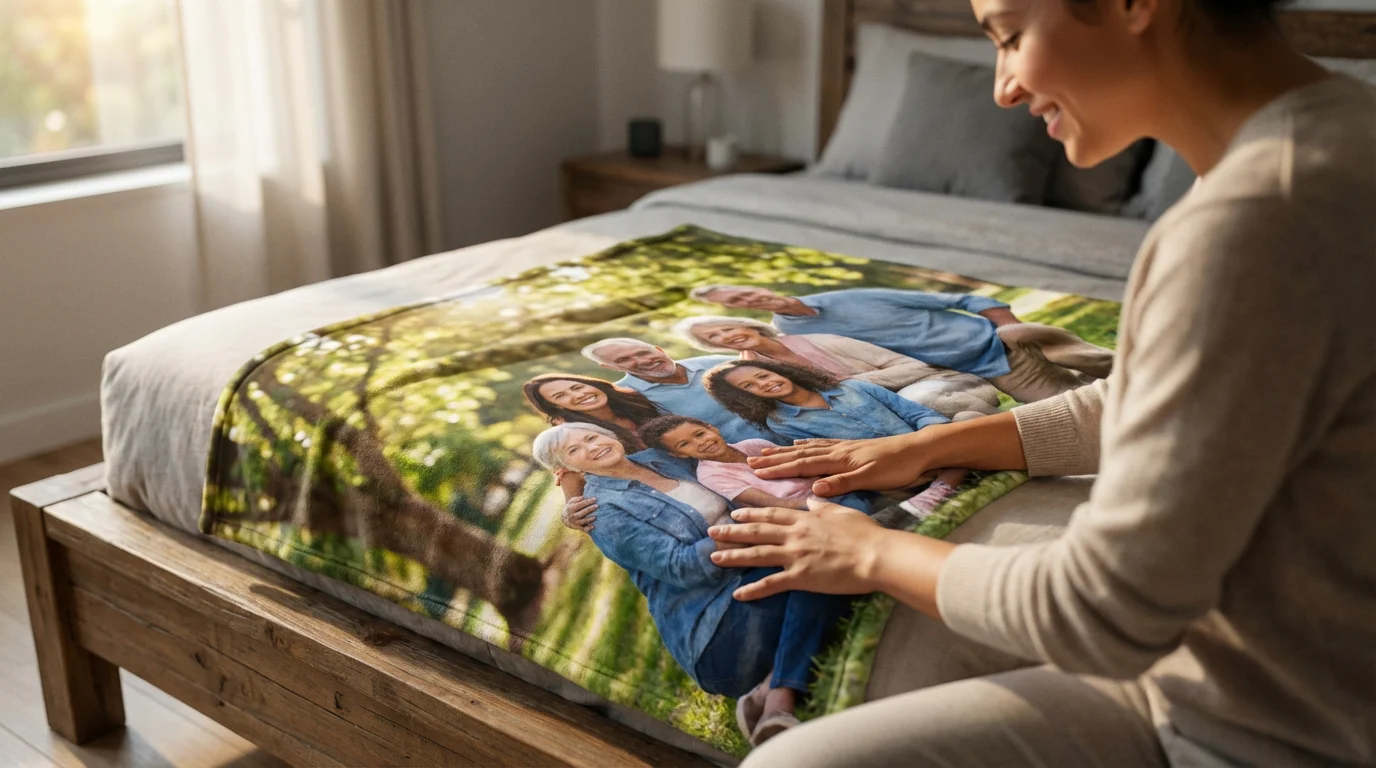 Over-the-shoulder view of a person folding a custom photo blanket with a family portrait.